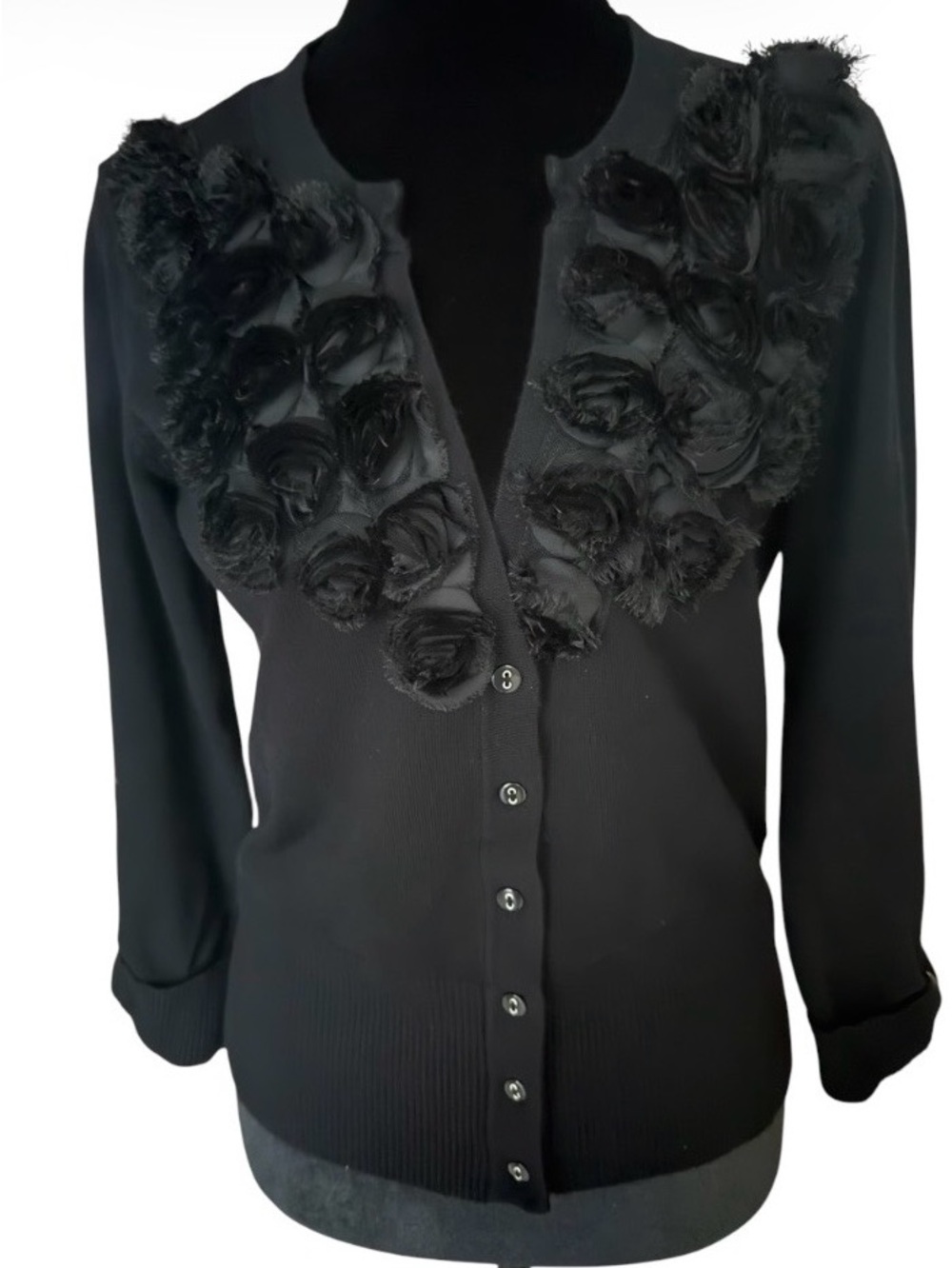 Cyrus Women’s Black Cardigan 3/4 Sleeve 3D Rosette Collar Floral Applique M